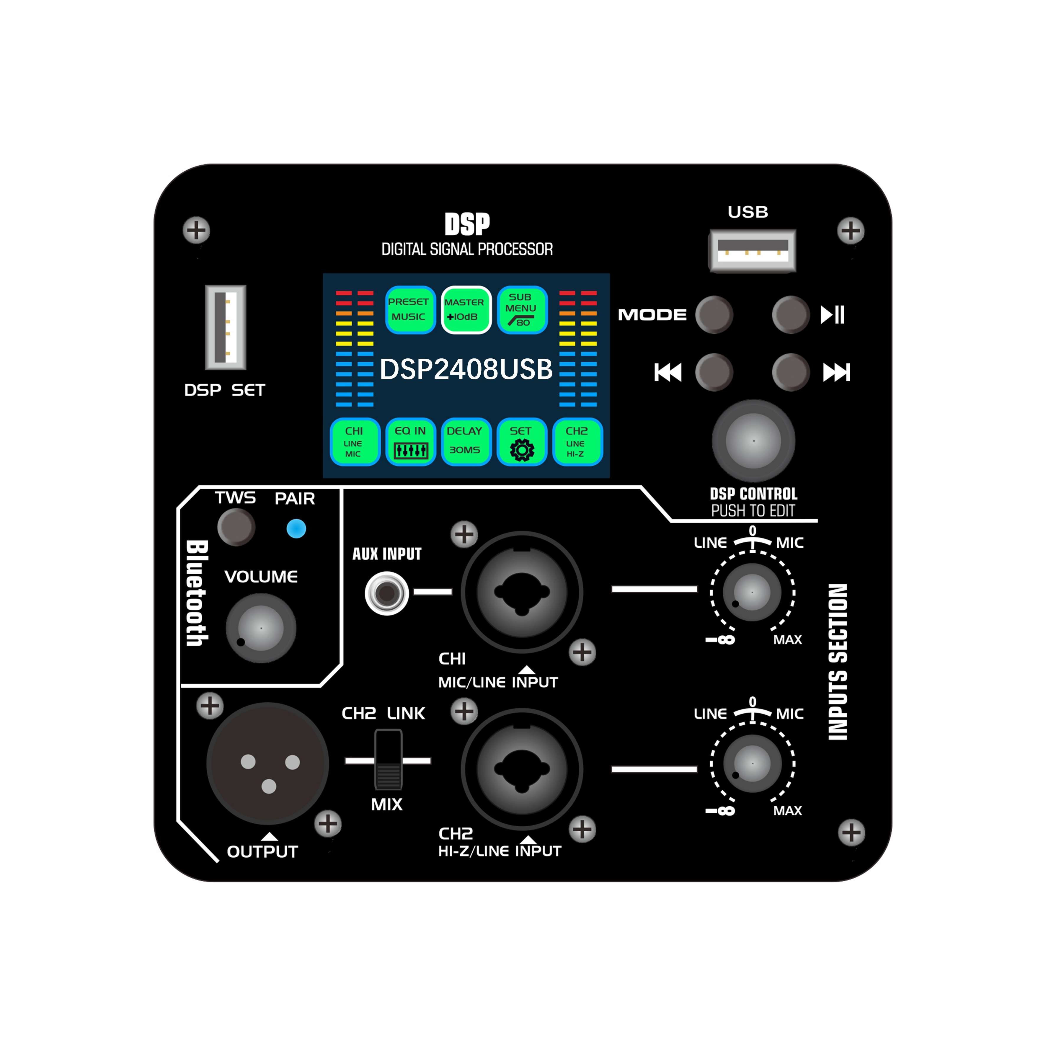 DSP2408USB Color screen DSP activae potentiae amplificator cum USB mico coegi audio playback functionis